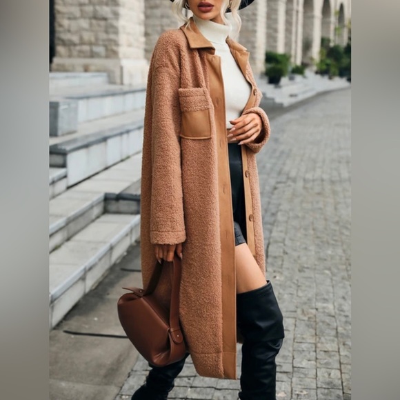 2/$20SHEIN Patched Pocket Drop Shoulder Teddy Coat Brown/Burnt Orange. Size SM - Picture 2 of 6